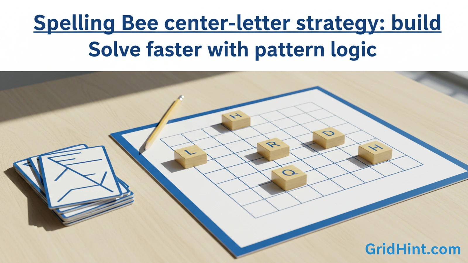 Spelling Bee center-letter strategy: build every word around the required letter | GridHint Spelling Bee center-letter strategy: build every word around the required letter word puzzle strategy guide with grid visual